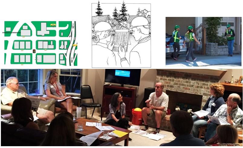 Four images: 1) map of a neighborhood block; 2) Map My Neighborhood ink drawing of two people in helmets looking at a map while standing in front of a house; 3) Photo of NERT team approaching an apartment; and 4) Photo of people sitting in a circle attending a Map Your Neighborhood training.